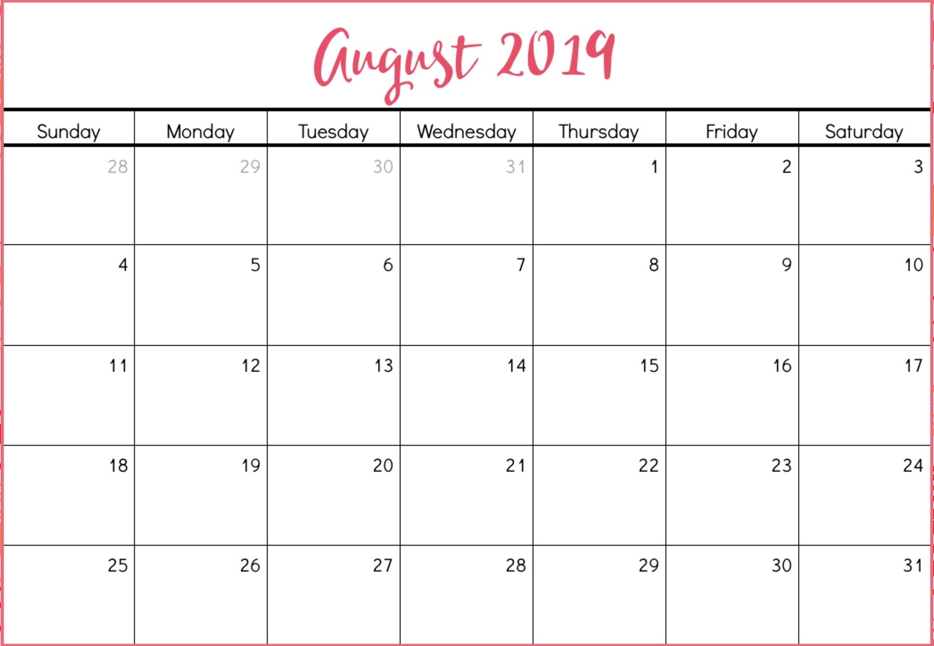 August 2019 Calendar Template Time Scheduler - Free-Free Calendar Template Printable 201