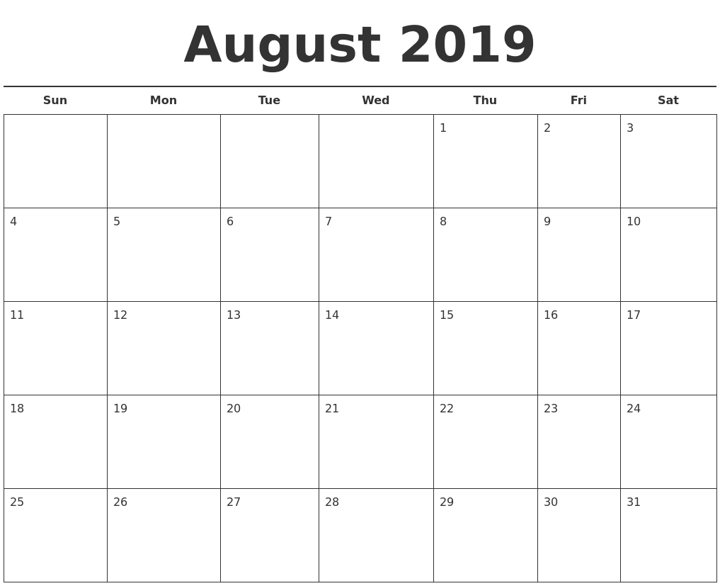 August 2019 Free Calendar Template-Blank Calendar Calendarlabs.com Free Calendar