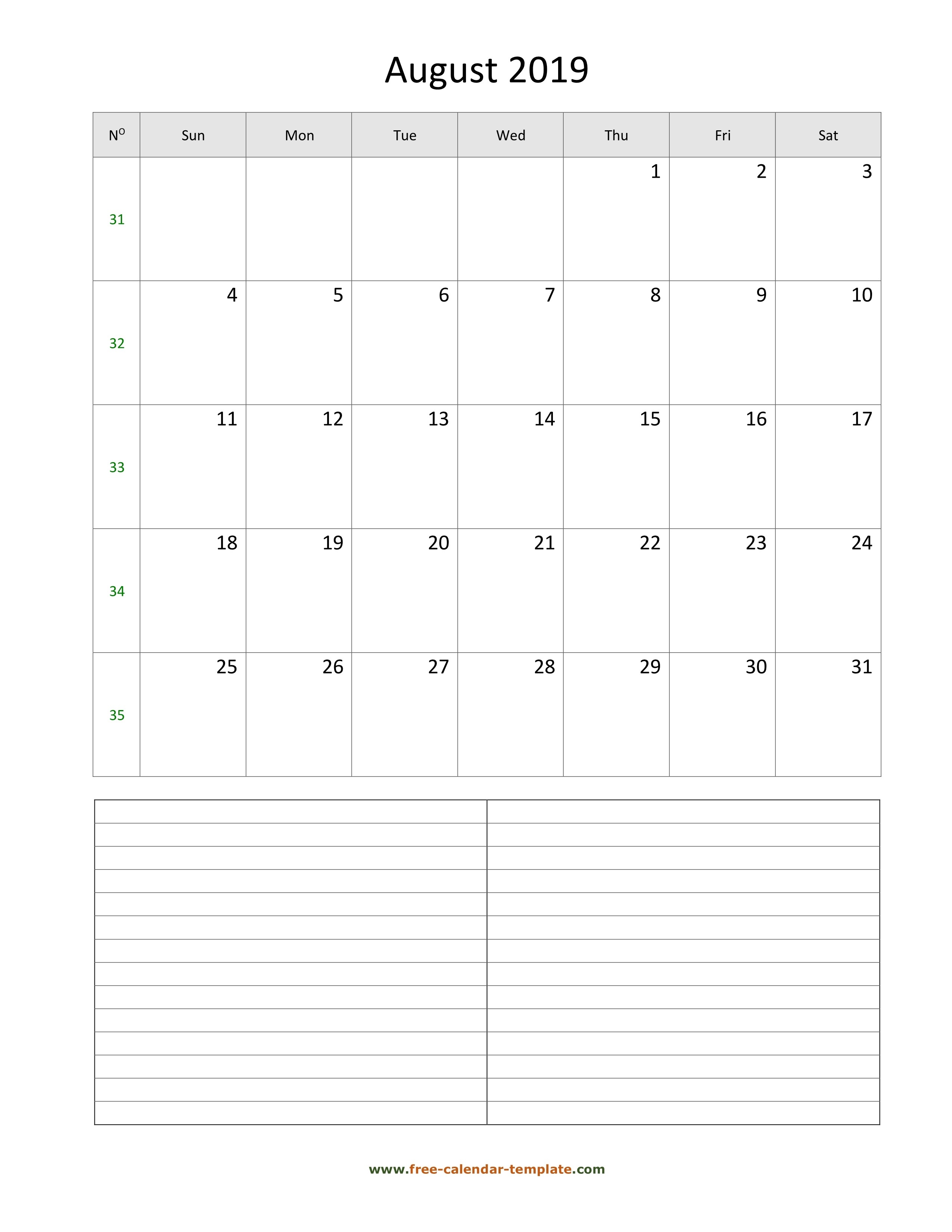 August 2019 Free Calendar Tempplate | Free-Calendar-Template-Free Blanks Calendar Printable With Notes And Lines