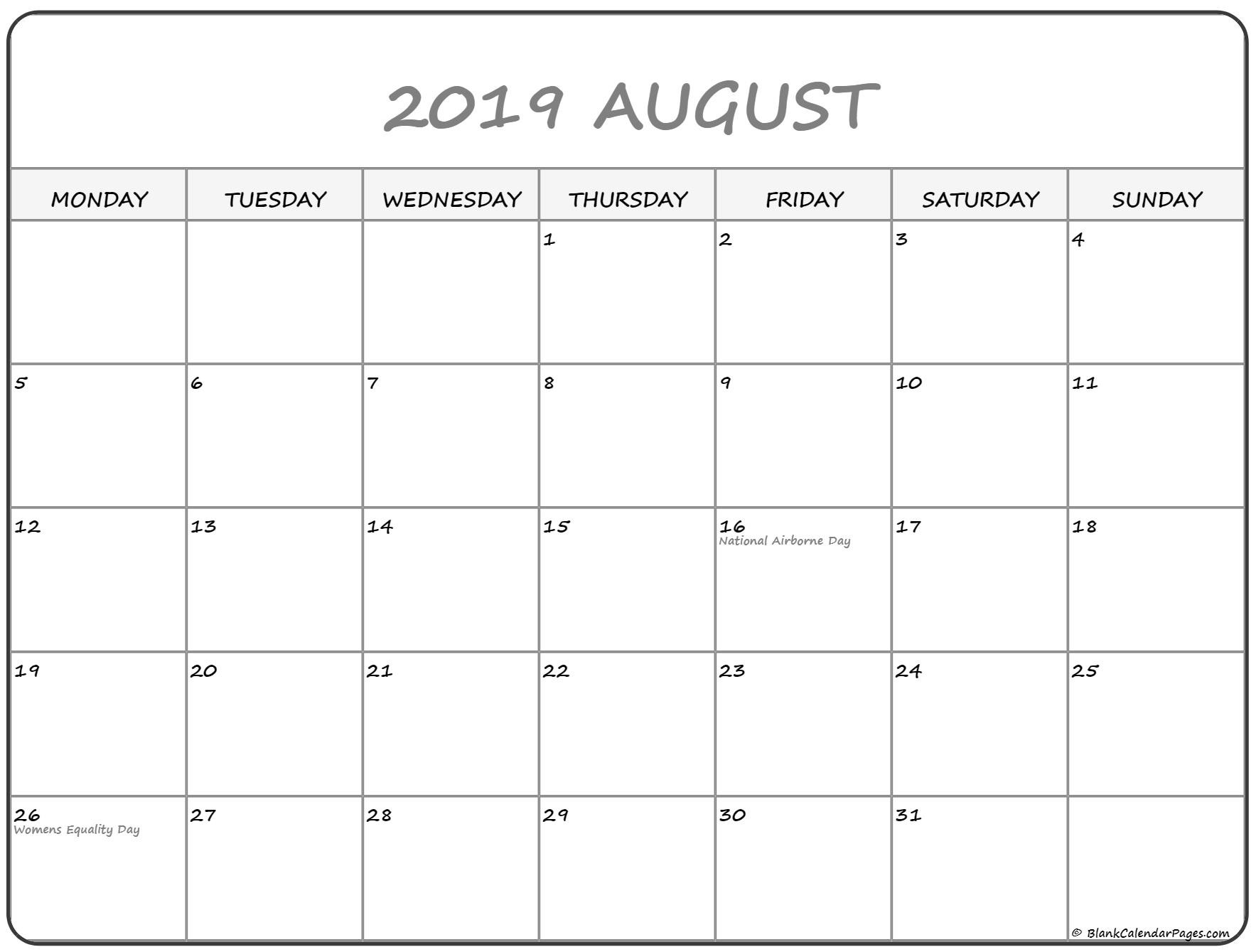 August 2019 Monday Calendar | Monday To Sunday-Blank Calendar Starting With Monday