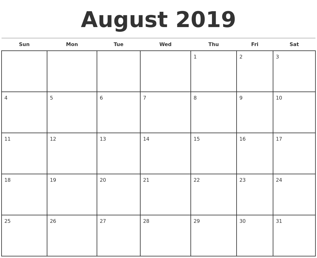 August 2019 Monthly Calendar Template-August Monthly Calendar Template