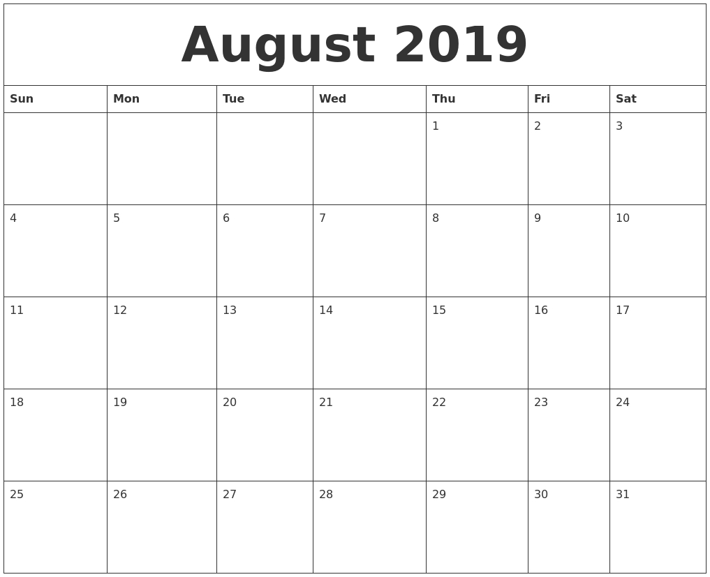 August 2019 Printable Calendar Pages-Blank Calenday Monyh Pages