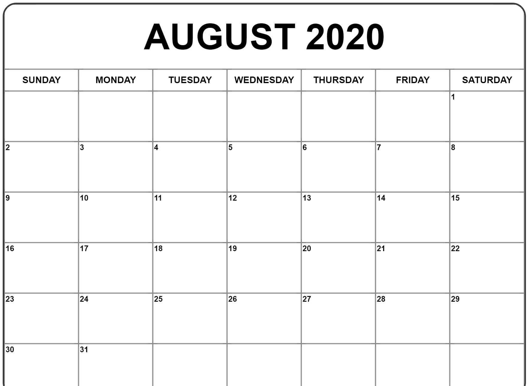 August 2020 Calendar Pdf, Word, Excel Printable Template-August 2020 Thru December 2020 Calendar Template