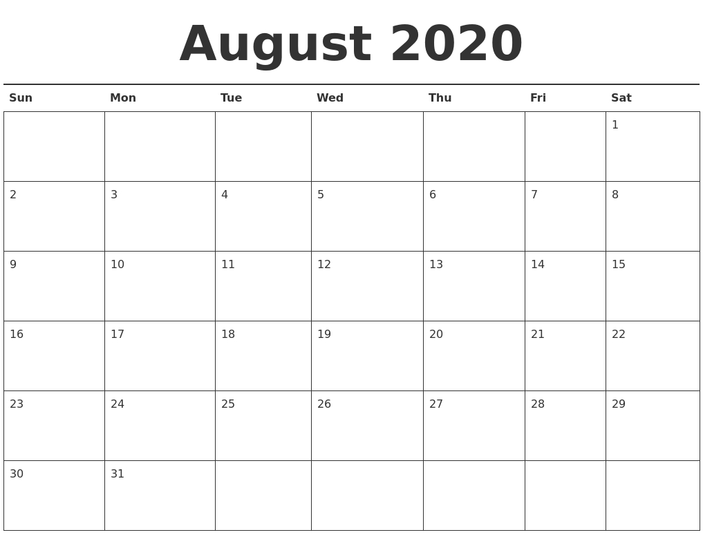 August 2020 Calendar Printable-Calendar Template 2020 June July