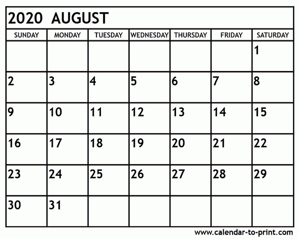 August 2020 Calendar Printable-Monthly Calendar August Through December 2020