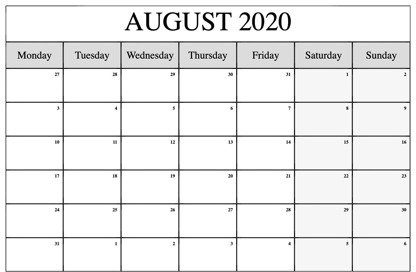 August 2020 Calendar Printable Template With Holidays-August To December Calendar Template 2020