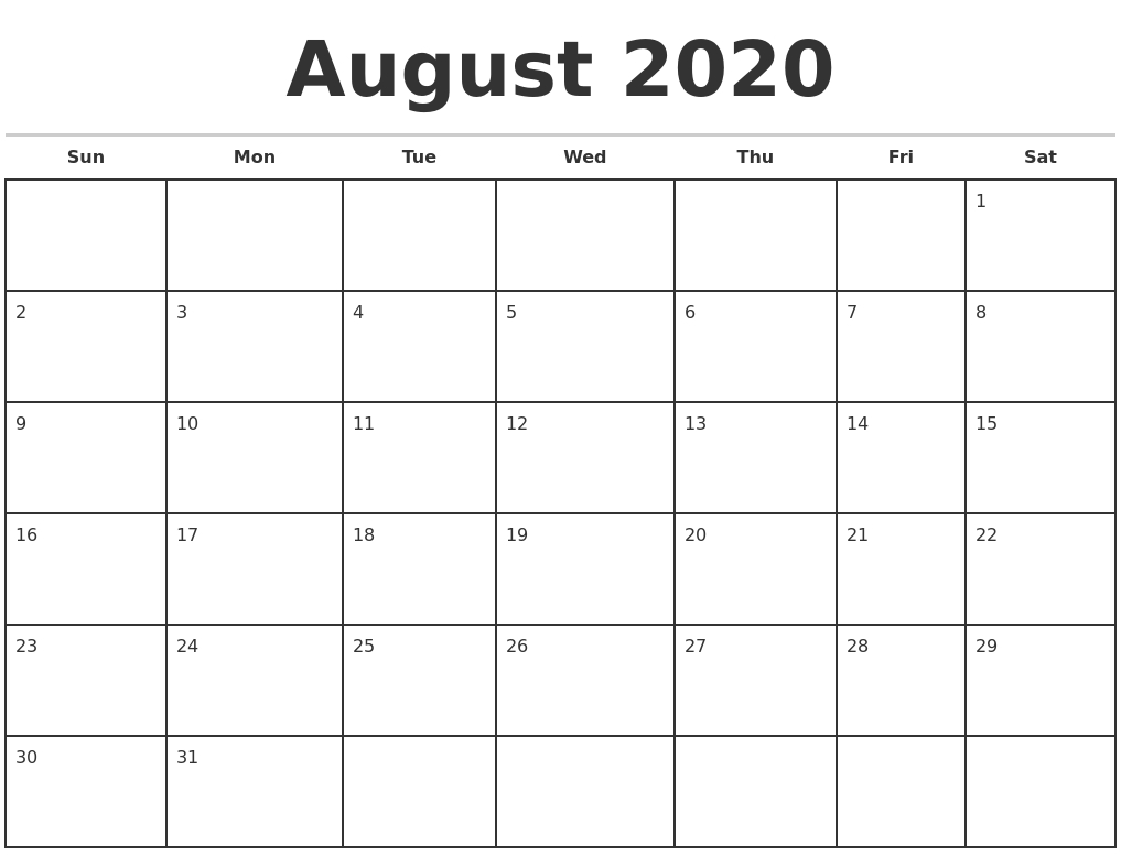August 2020 Monthly Calendar Template-August To December Calendar Template 2020