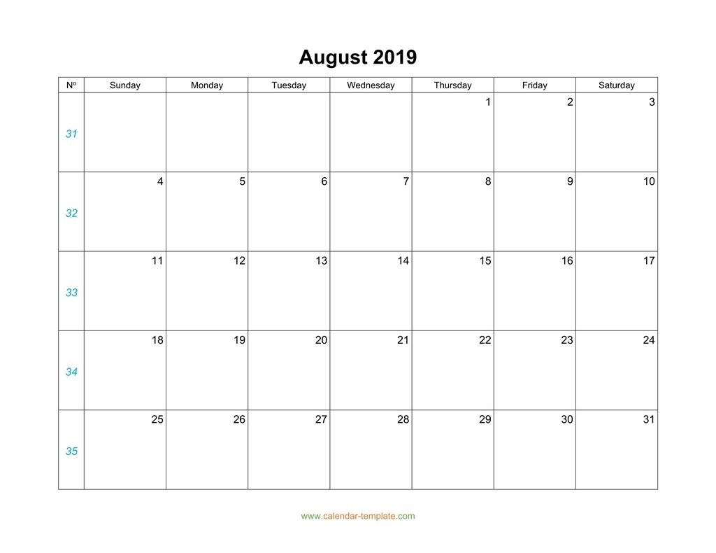 August Calendar 2019 Blank Template-Print Calender Start Monday Blank