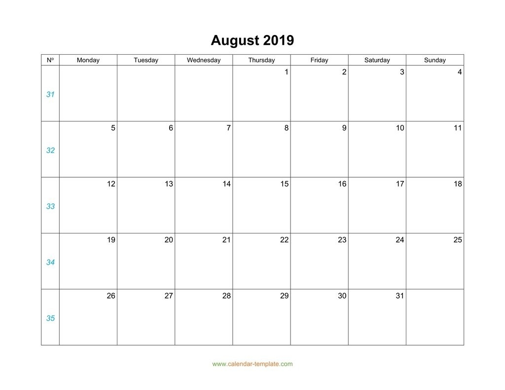 August Calendar 2019 Blank Template-Print Calender Start Monday Blank