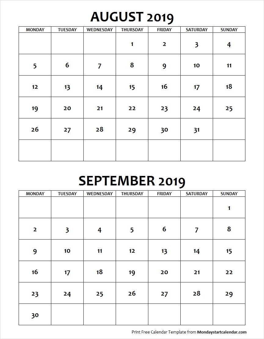 August September 2019 Calendar Monday Start | Two Months-Blank September Calendar Monday Start