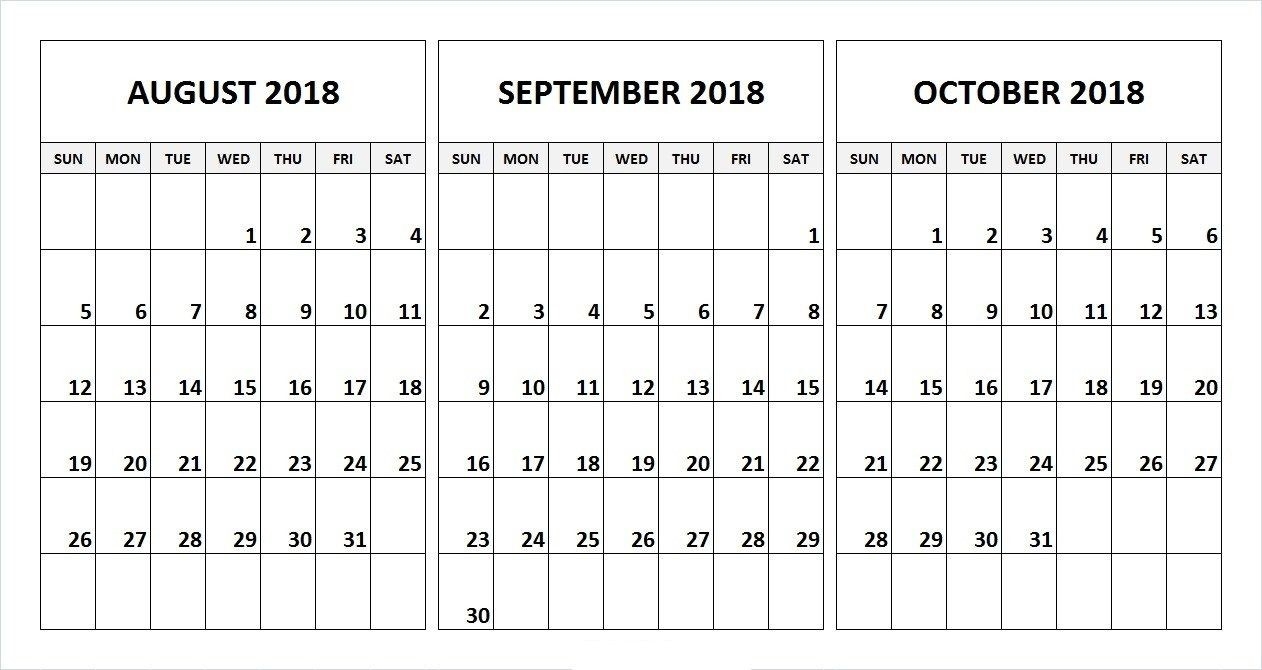 August September October 2018 Calendar Desk Template-3 Month Blank Printable Calendar