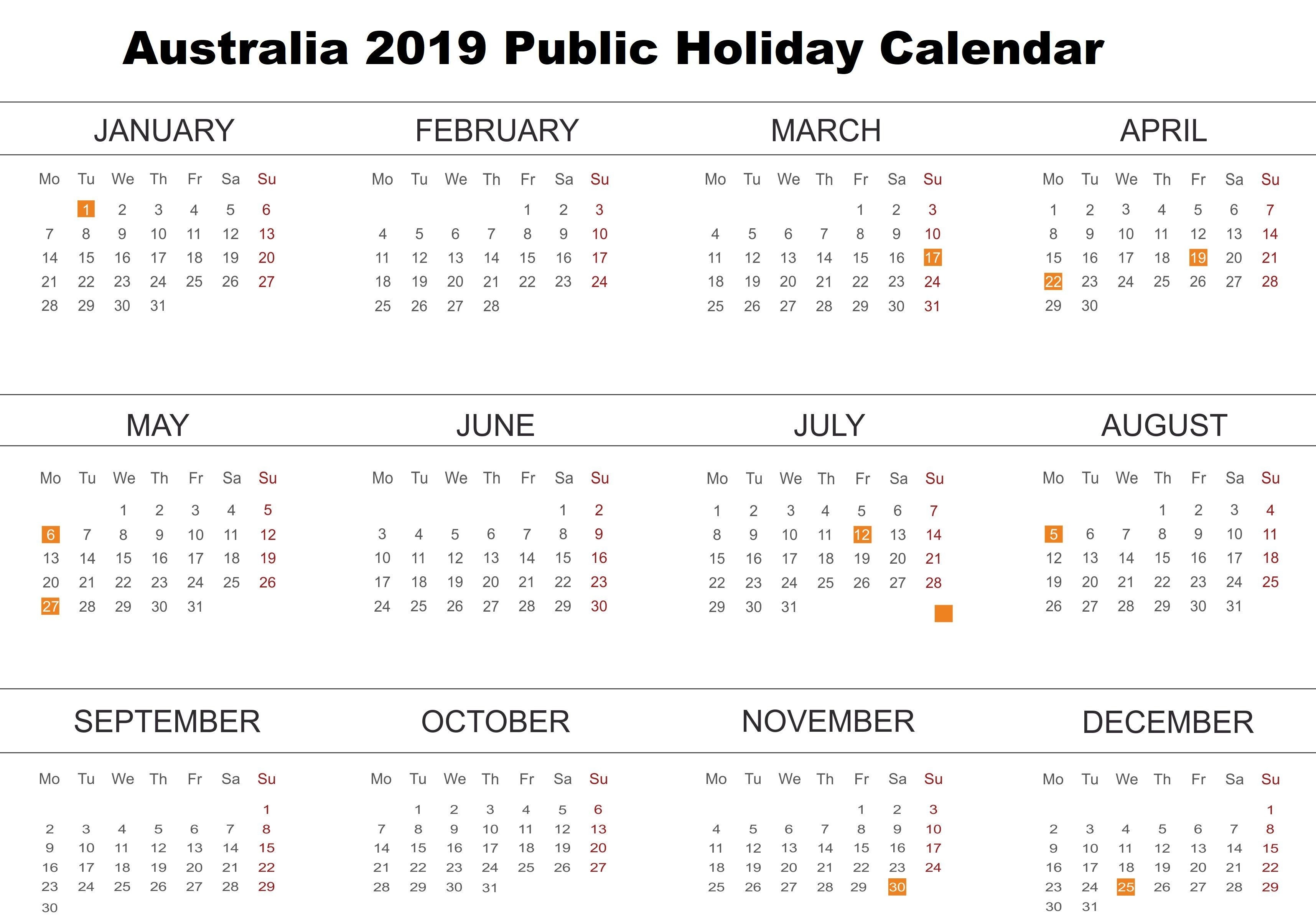 Australia 2019 Public Holidays Calendar | 2019 Calendars-Calendar With Public Holidays