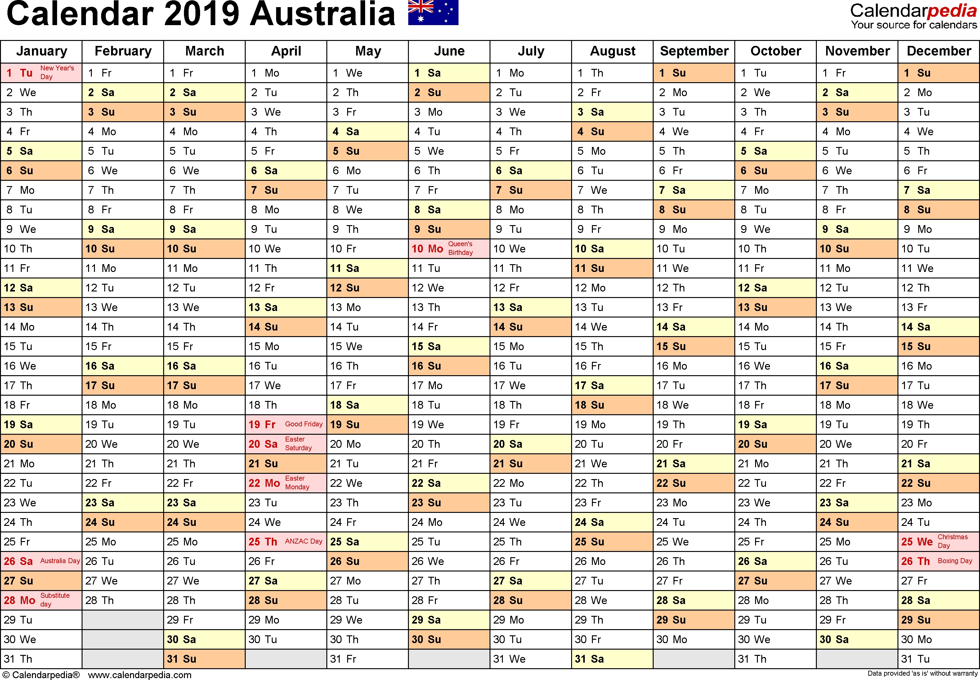 Australia Calendar 2019 - Free Printable Excel Templates-Holiday Spreadsheet Template 2020 In Hours
