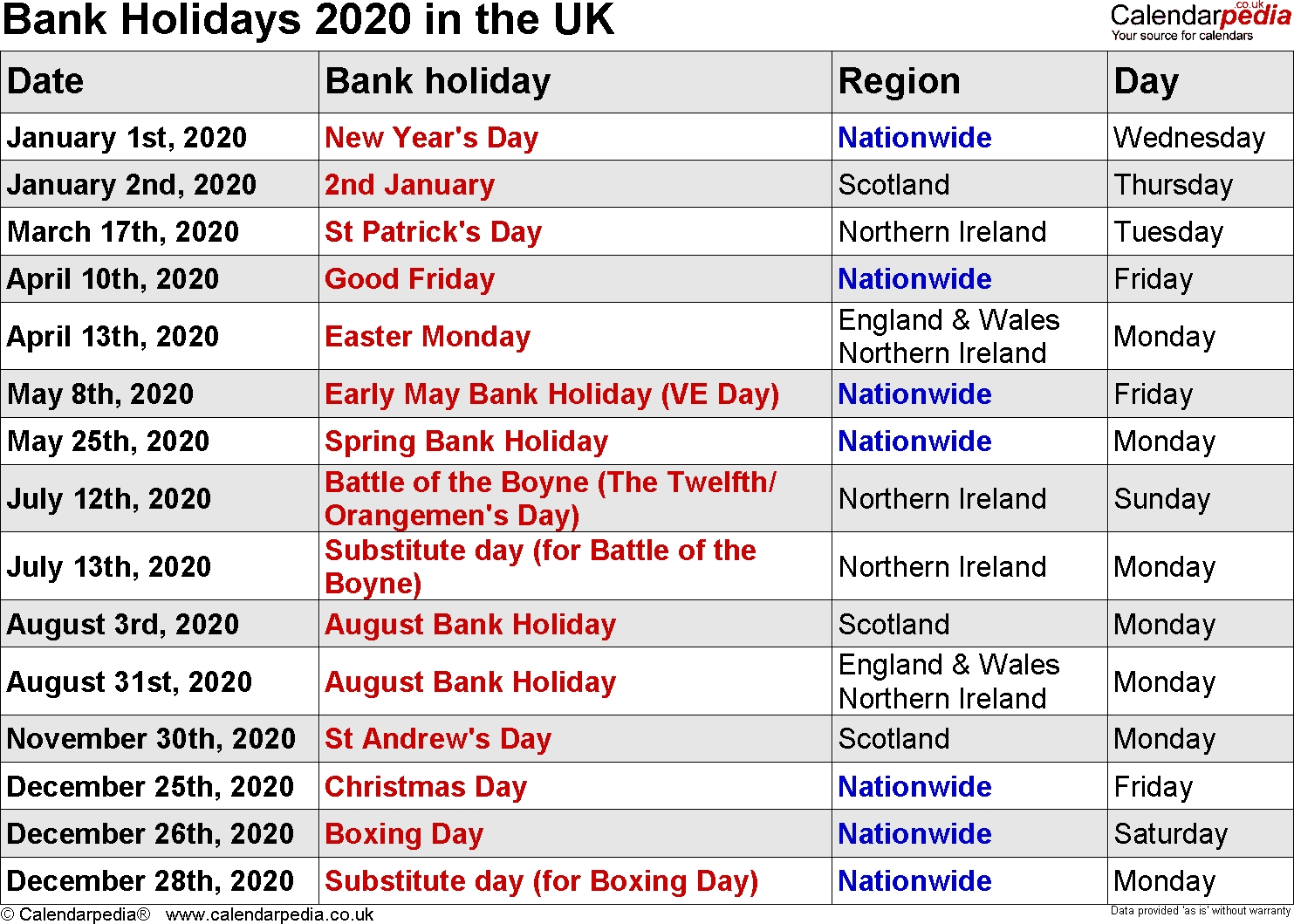 Bank Holidays 2020 In The Uk-2020 Calendar Including Bank Holidays