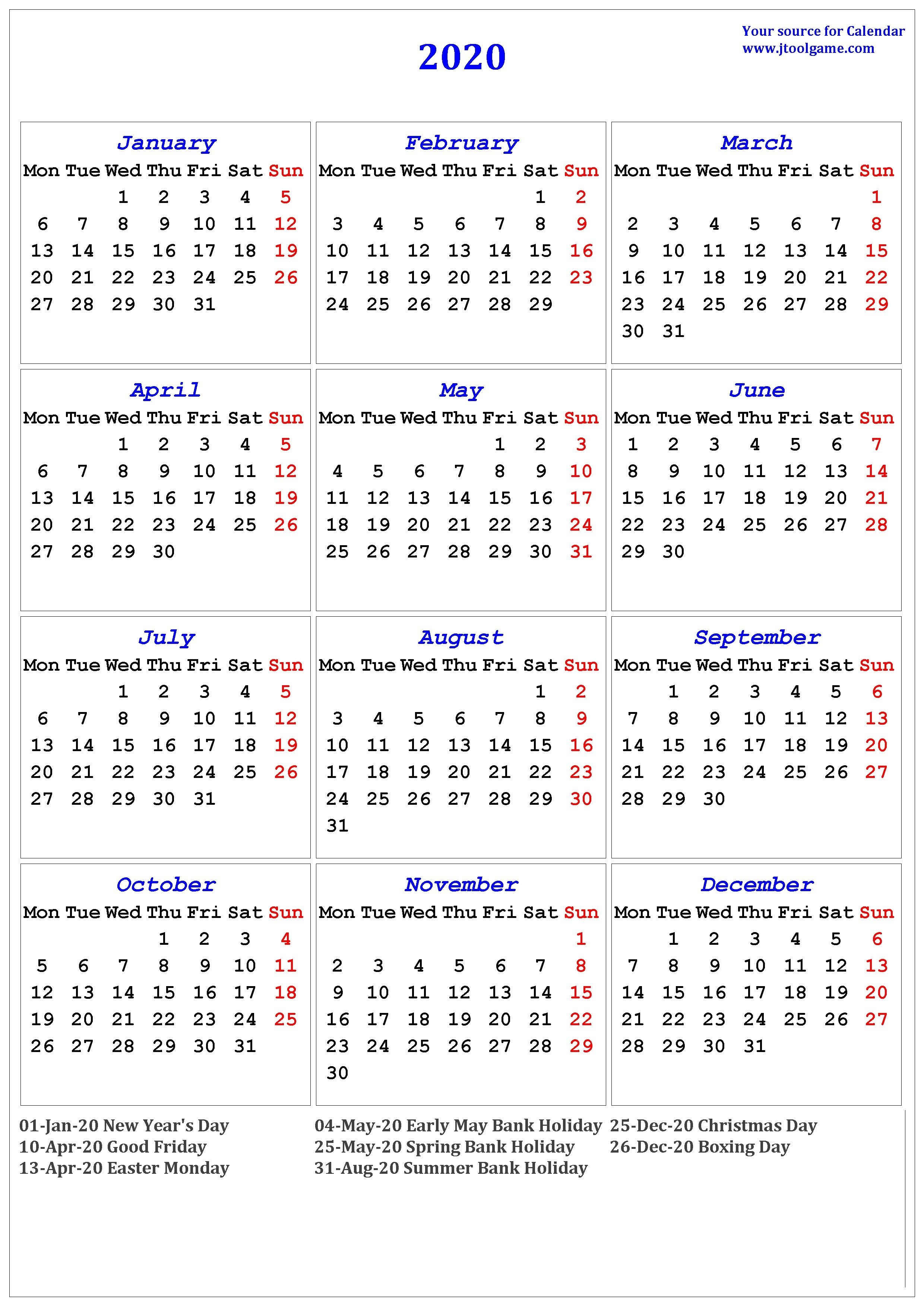 2020 Calendar Including Bank Holidays | Calendar Template Printable