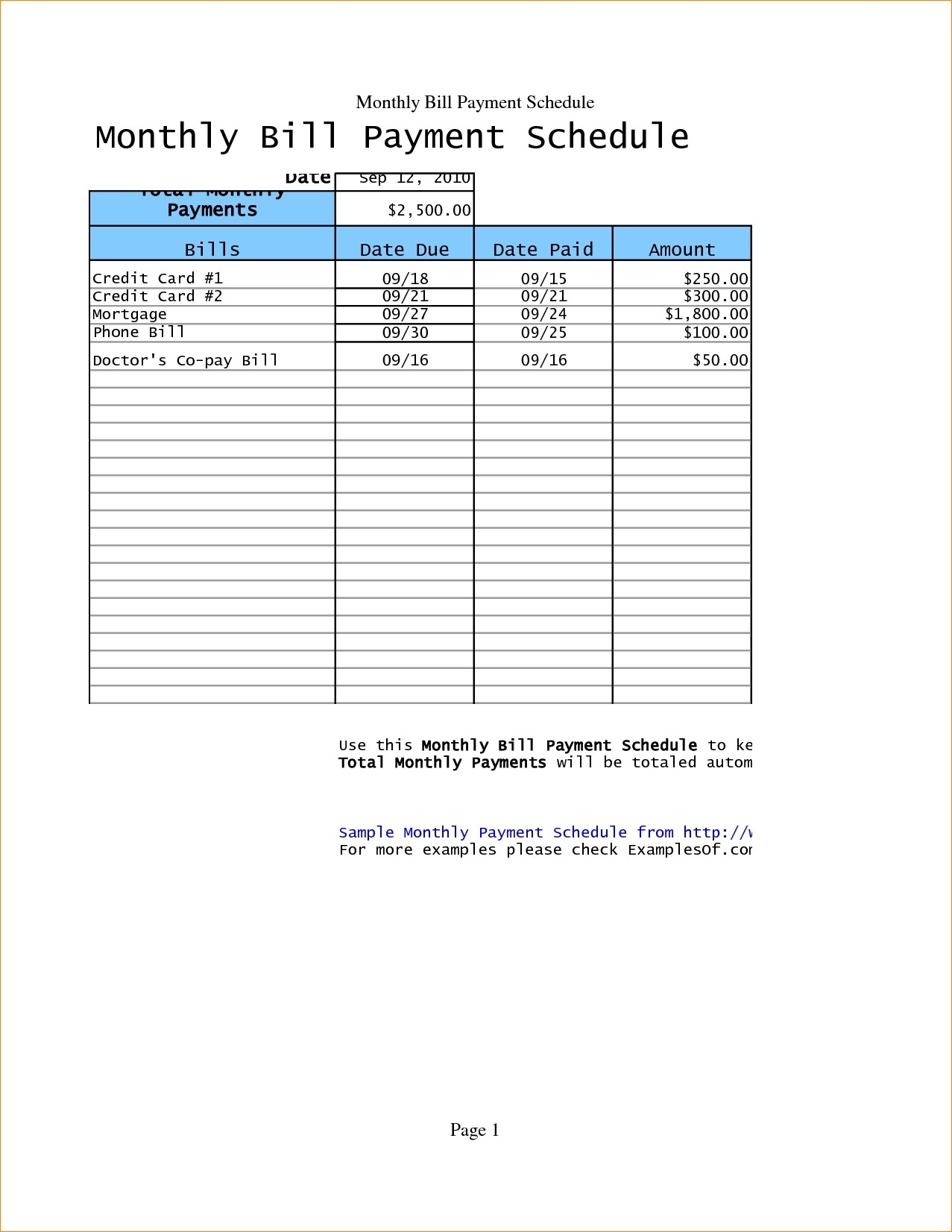 Bill Ment Schedule Template Bi Weekly Free Monthly Planner-Monthly Bill Payment Schedule Pdf