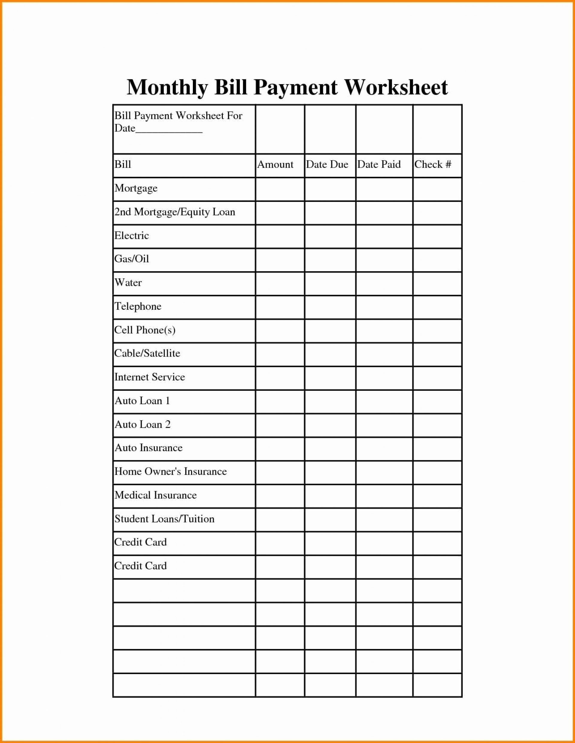 Blank Monthly Bill Payment Worksheet Calendar Template Printable