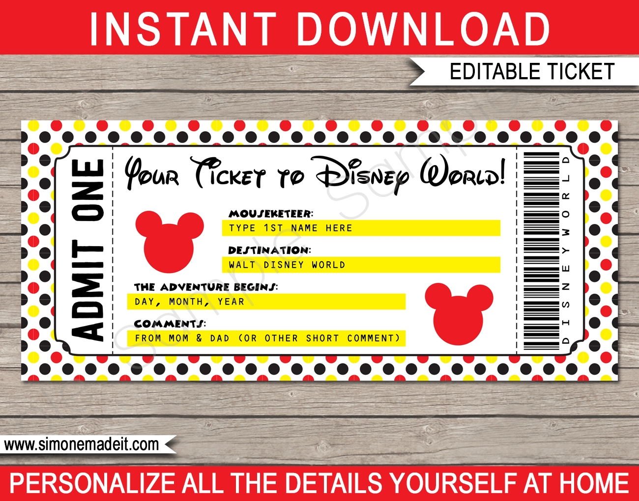 Birthday Printable Ticket To Disney World – Red, Black &amp; Yellow-Free Printable Disneyland Itinerary Template