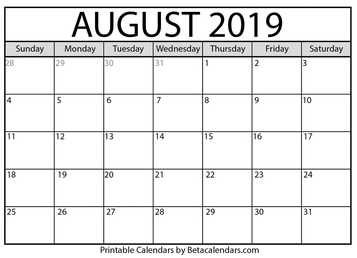 Blank August 2019 Calendar Printable - Beta Calendars-National Food Holidays 2020 Printable