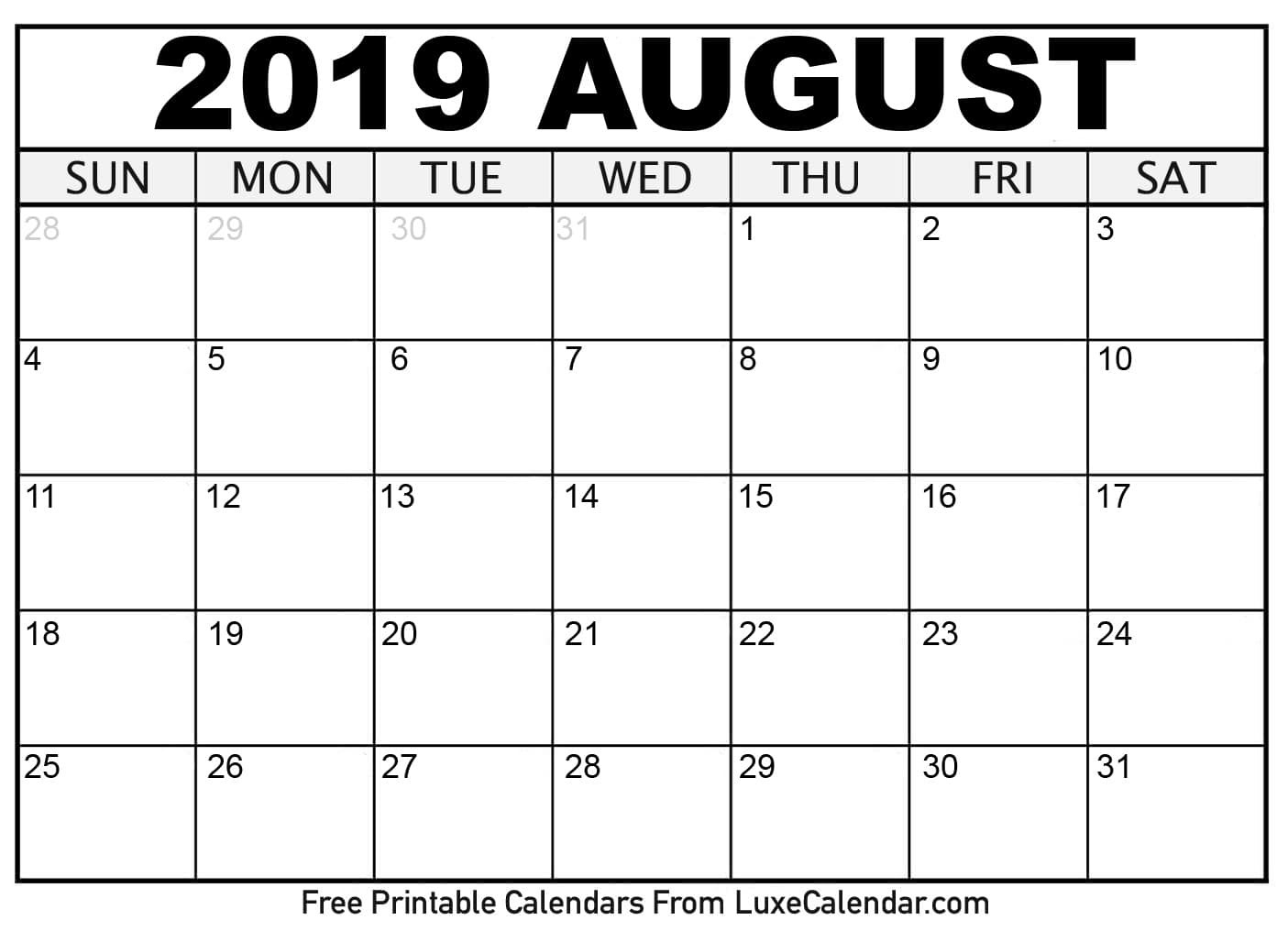 Blank August 2019 Calendar Printable - Luxe Calendar-Luxe Calendar Aug 2020 Blank Printable