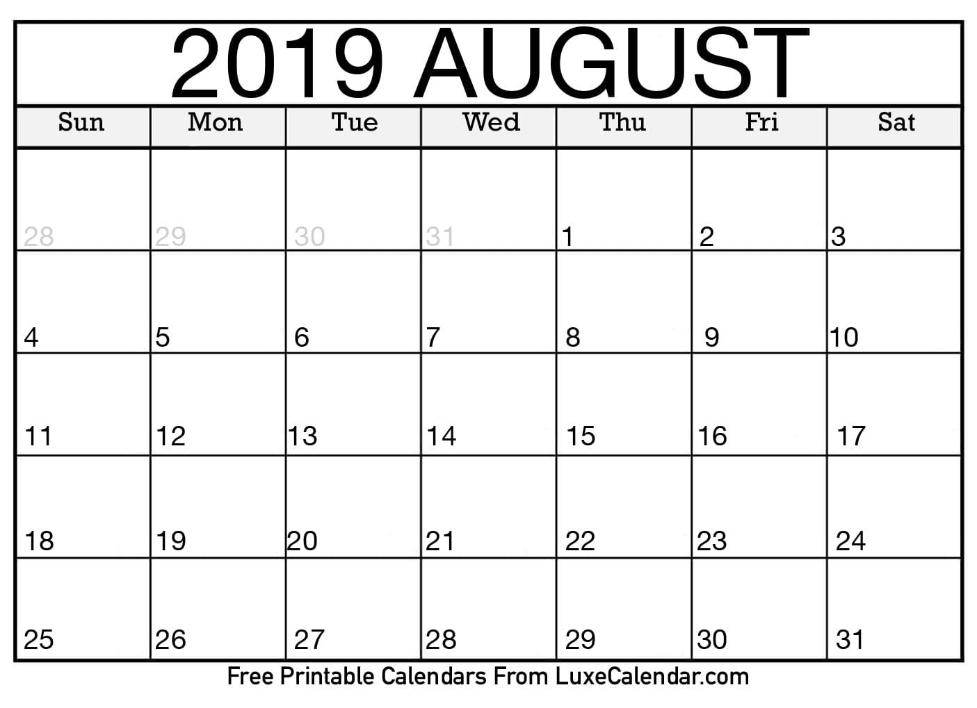 Blank August 2019 Calendar Printable - Luxe Calendar-Luxe Calendar Aug 2020 Blank Printable