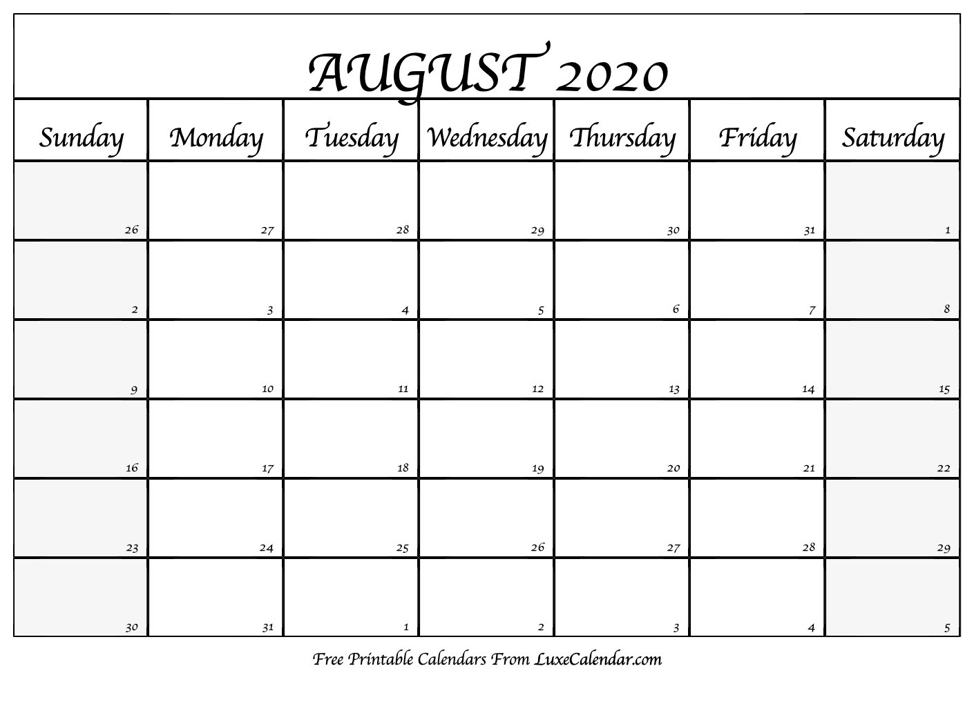 Blank August 2020 Calendar Printable - Luxe Calendar-Luxe Calendar Aug 2020 Blank Printable
