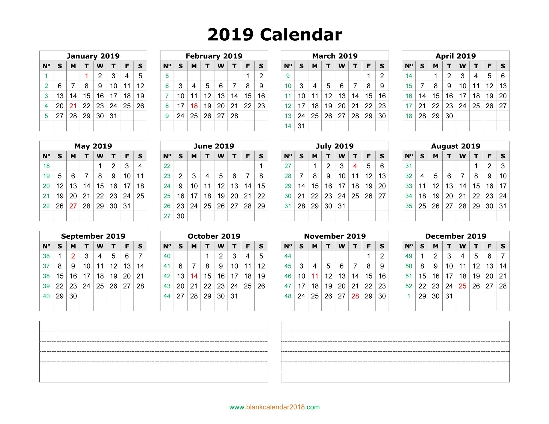 Blank Calendar 2019-Blank Calendar Template With Space For Memo And Notes Printable