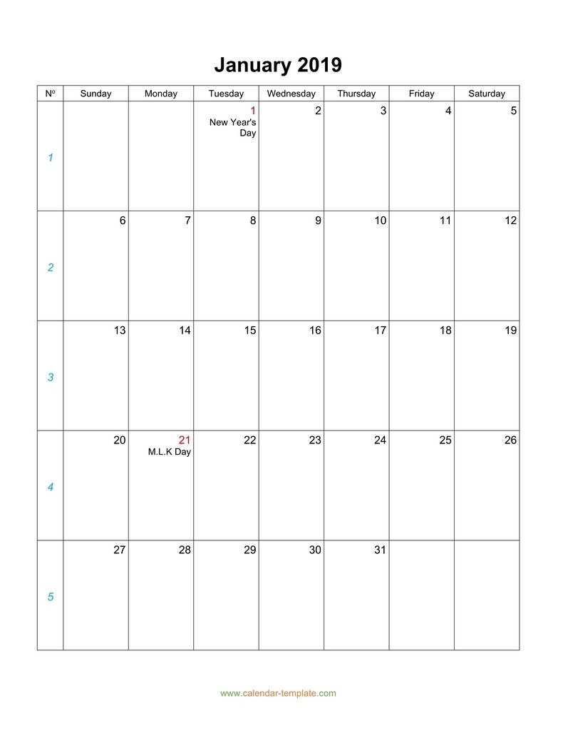 Blank Calendar 2019-Monthly Calendar Monday Start Week