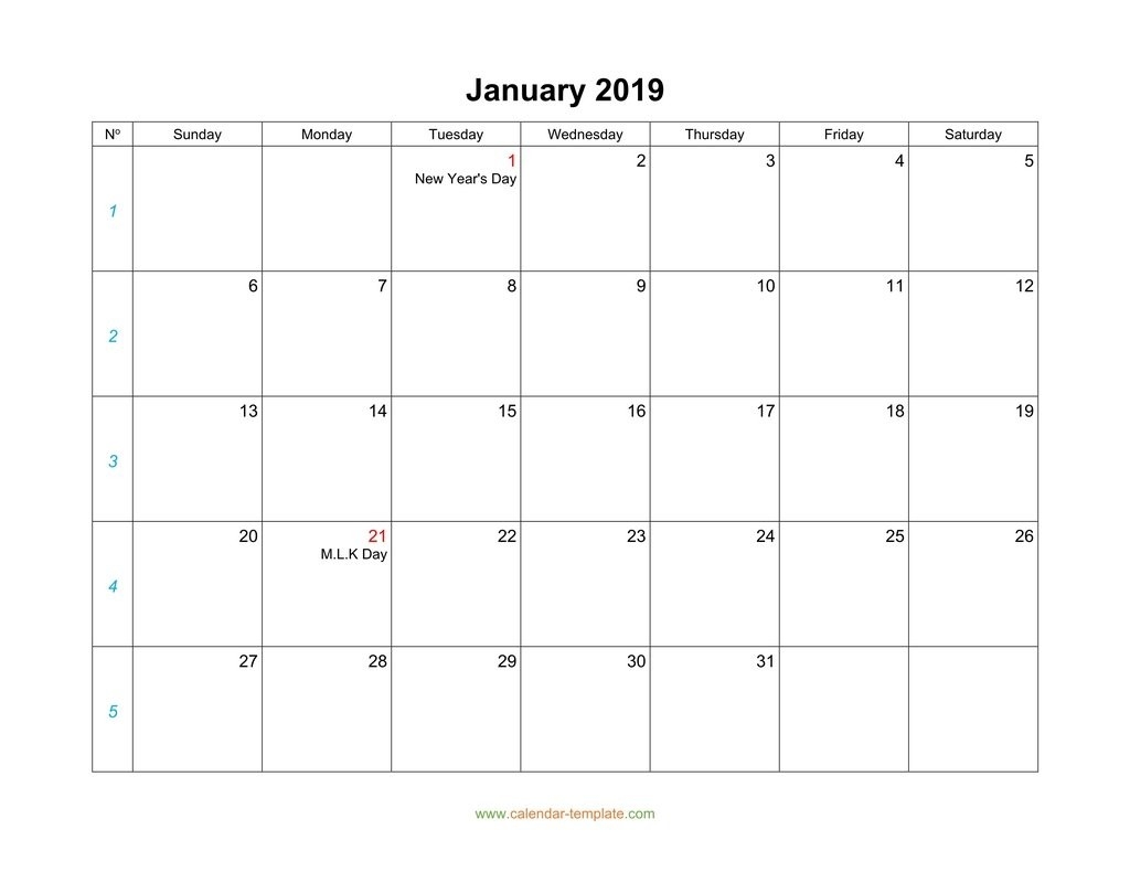 Blank Calendar 2019-Monthly Calendar Starting With Monday