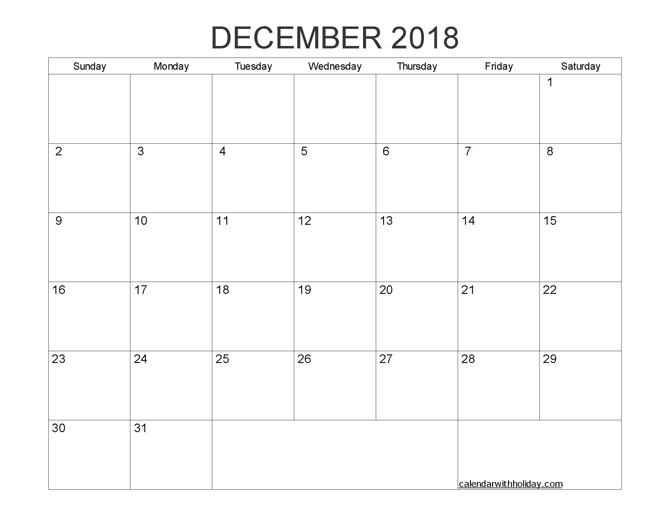 Blank Calendar December 2018 Printable 1 Month Calendar-Printable 18 Month Blank Calendar