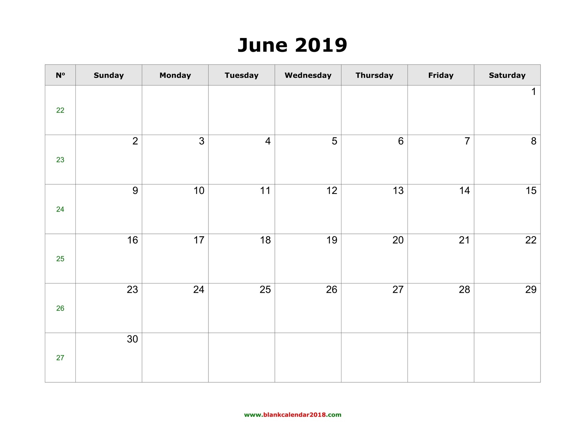 Blank Calendar For June 2019-Printable Blank Calendars June July August