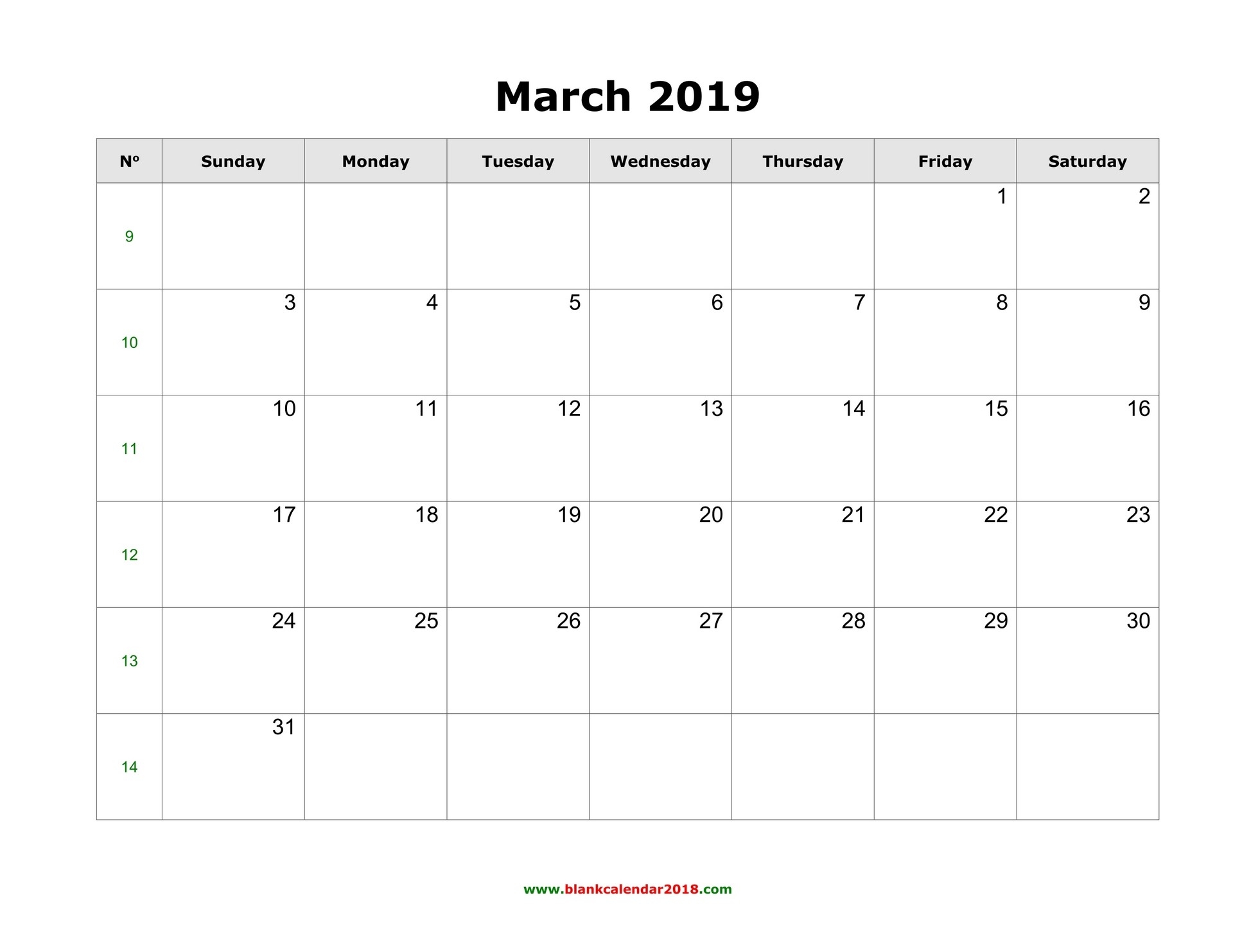 Blank Calendar For March 2019-Blank Calendar Template With Space For Memo And Notes Printable