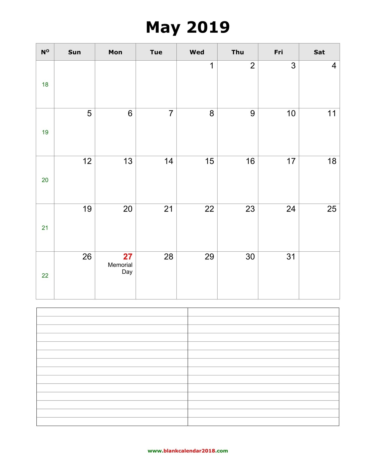 Blank Calendar For May 2019-Blank Calendar Template With Space For Memo And Notes Printable