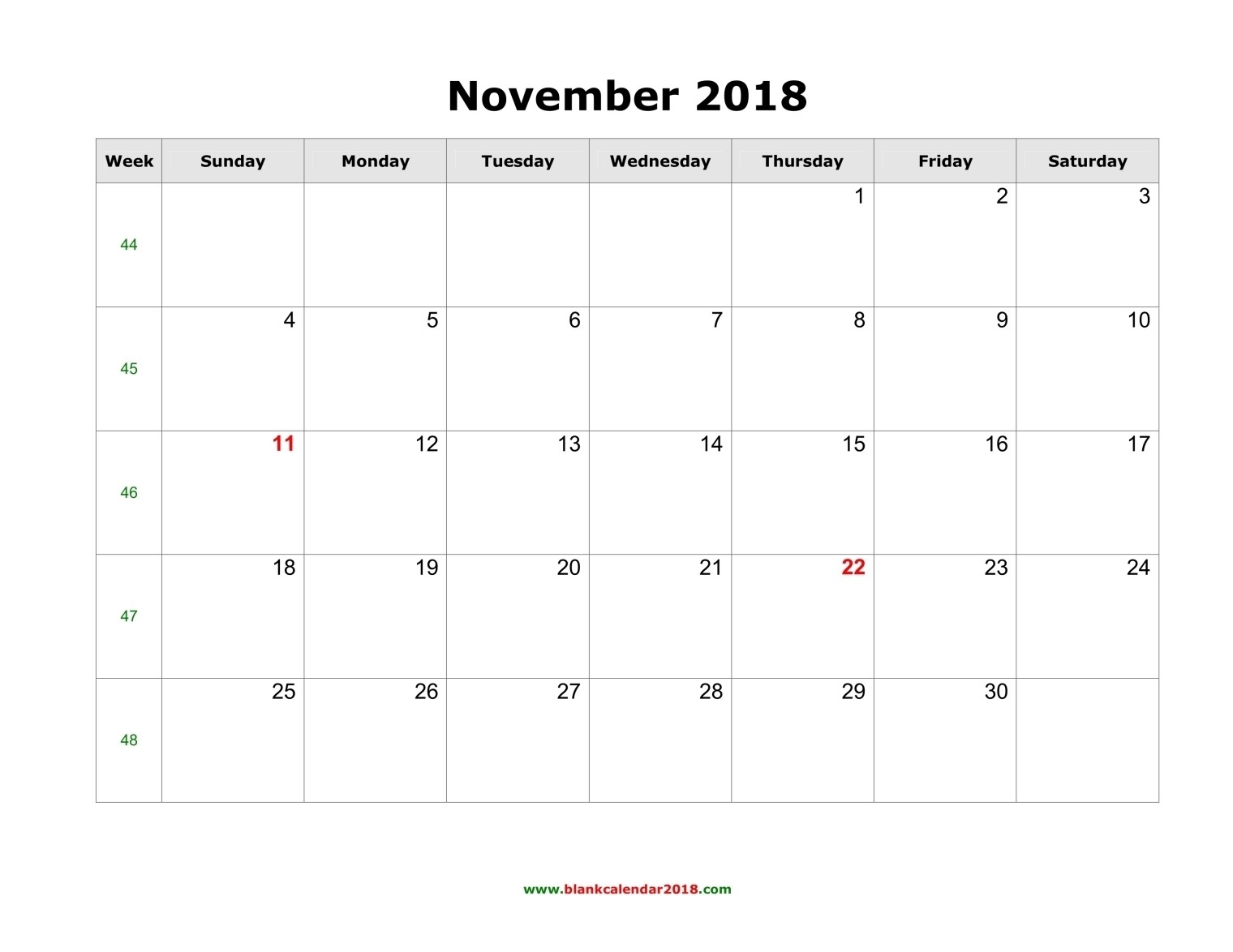 Blank Calendar For November 2018-Free Calendar Template Printable 201