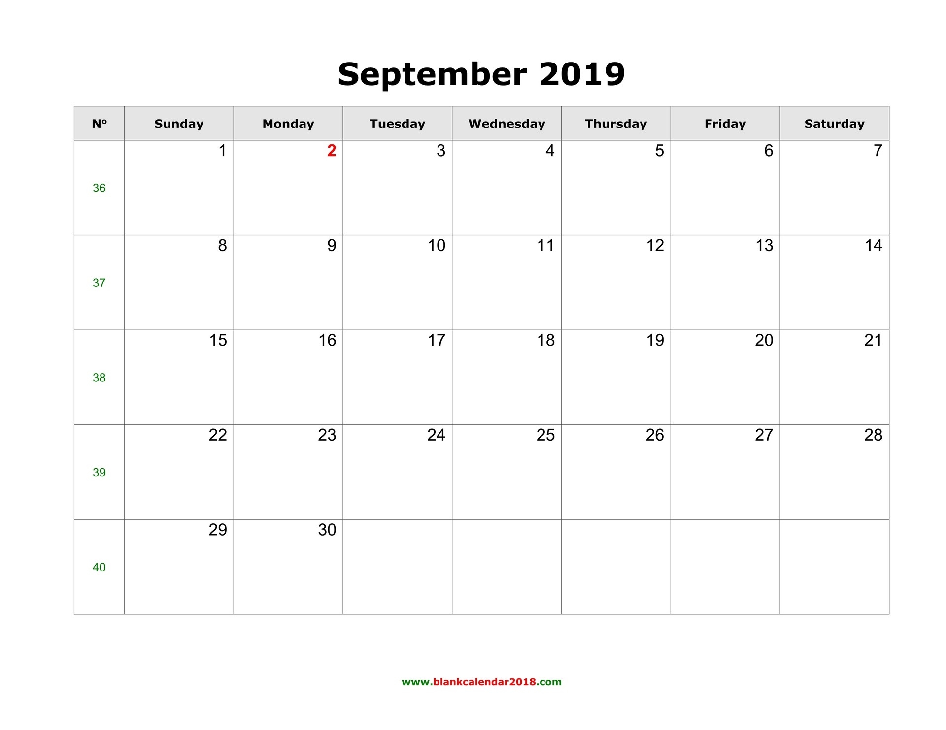 Blank Calendar For September 2019-Blank September Calendar Monday Start