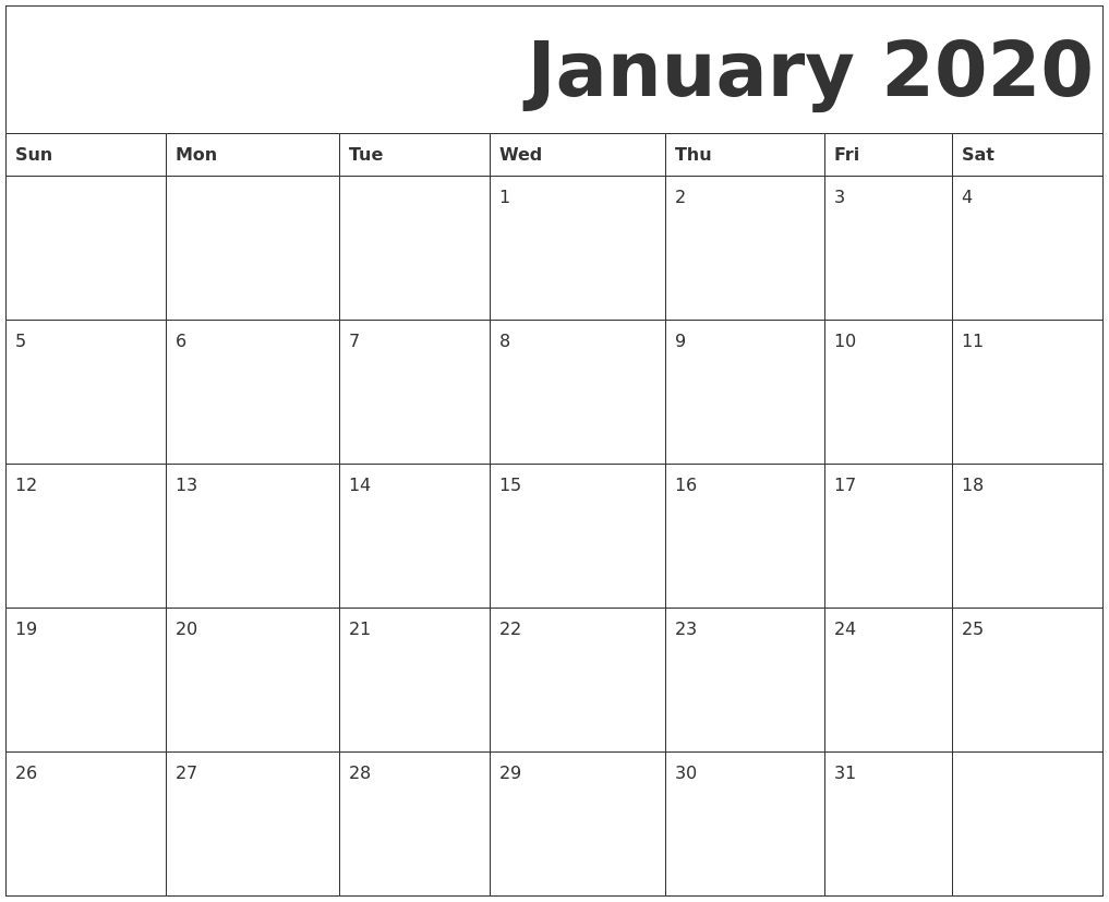 Blank Calendar Jan 2020 Printable | Isacl-January 2020 Calendar Waterproof