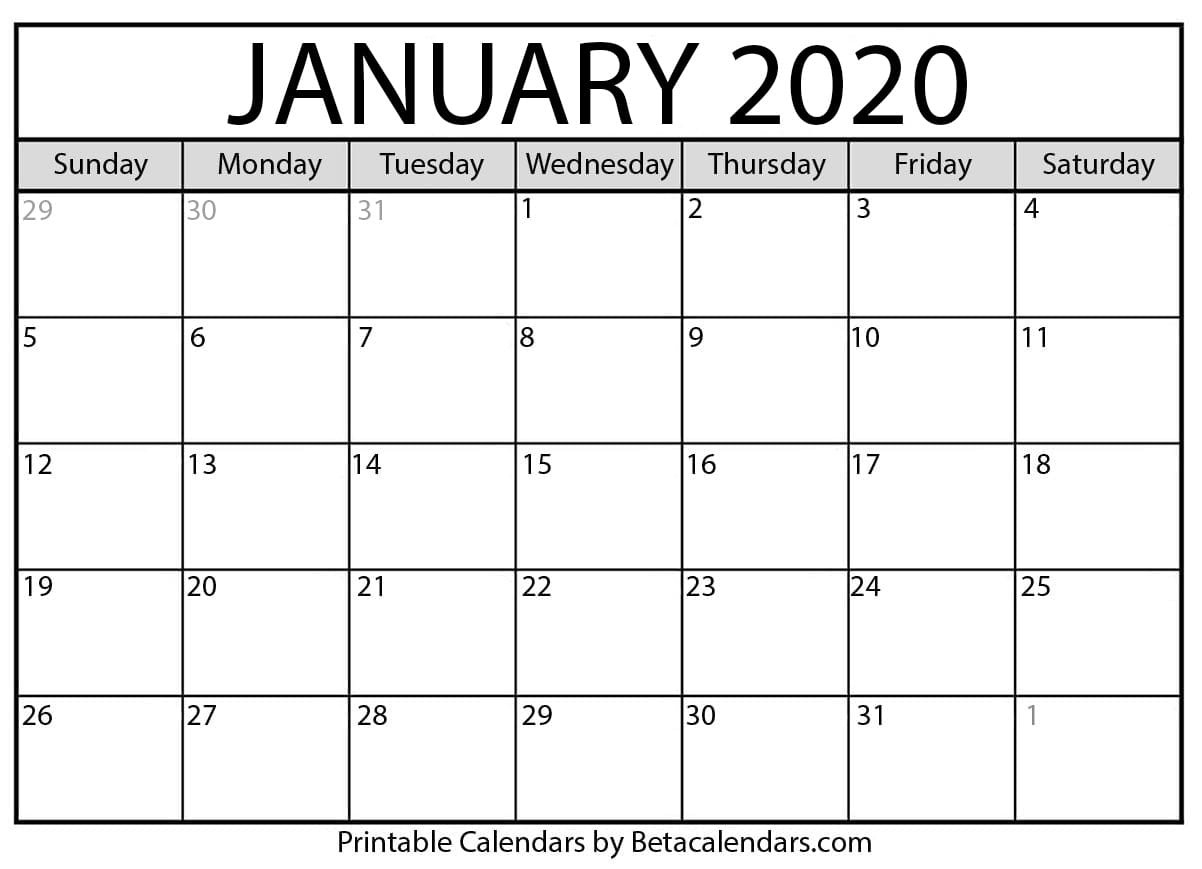 Blank January 2020 Calendar Printable - Beta Calendars-January 2020 Calendar Month