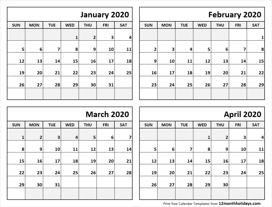 Blank-January-To-April-Calendar-2020-Template - All 12 Month-January To April 2020 Calendar