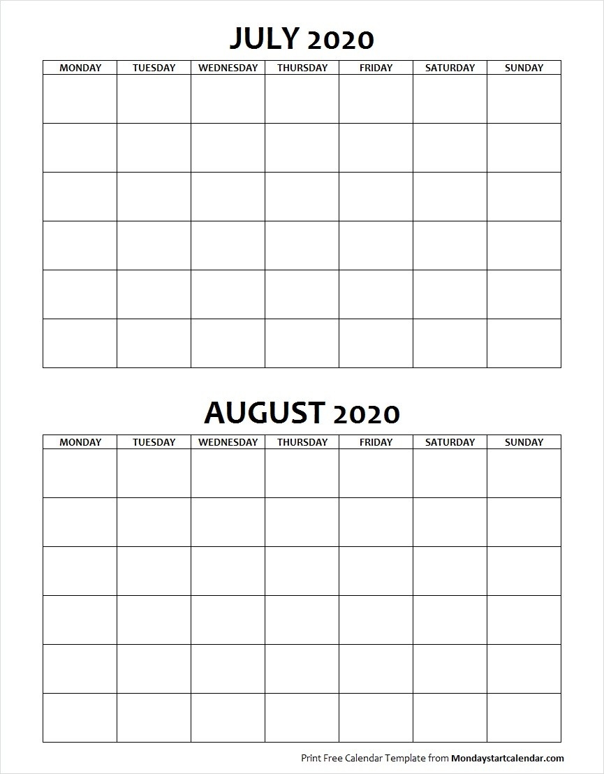 Blank July August 2020 Calendar Monday Start | Two Months-Blank July And August Calendar 2020