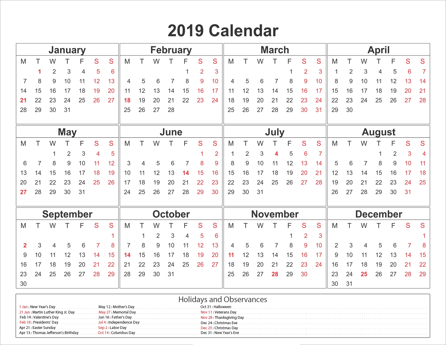 Blank Printable Calendar 2019 With Holidays-Printable 18 Month Blank Calendar