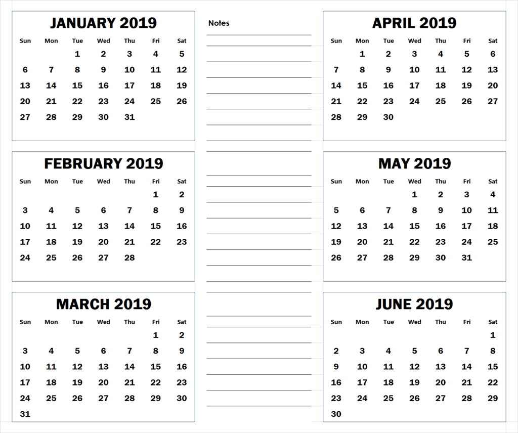 Blank Six Month 2019 Printable Calendar | 2019 Calendars-Calendar Template Six Months Printable Free