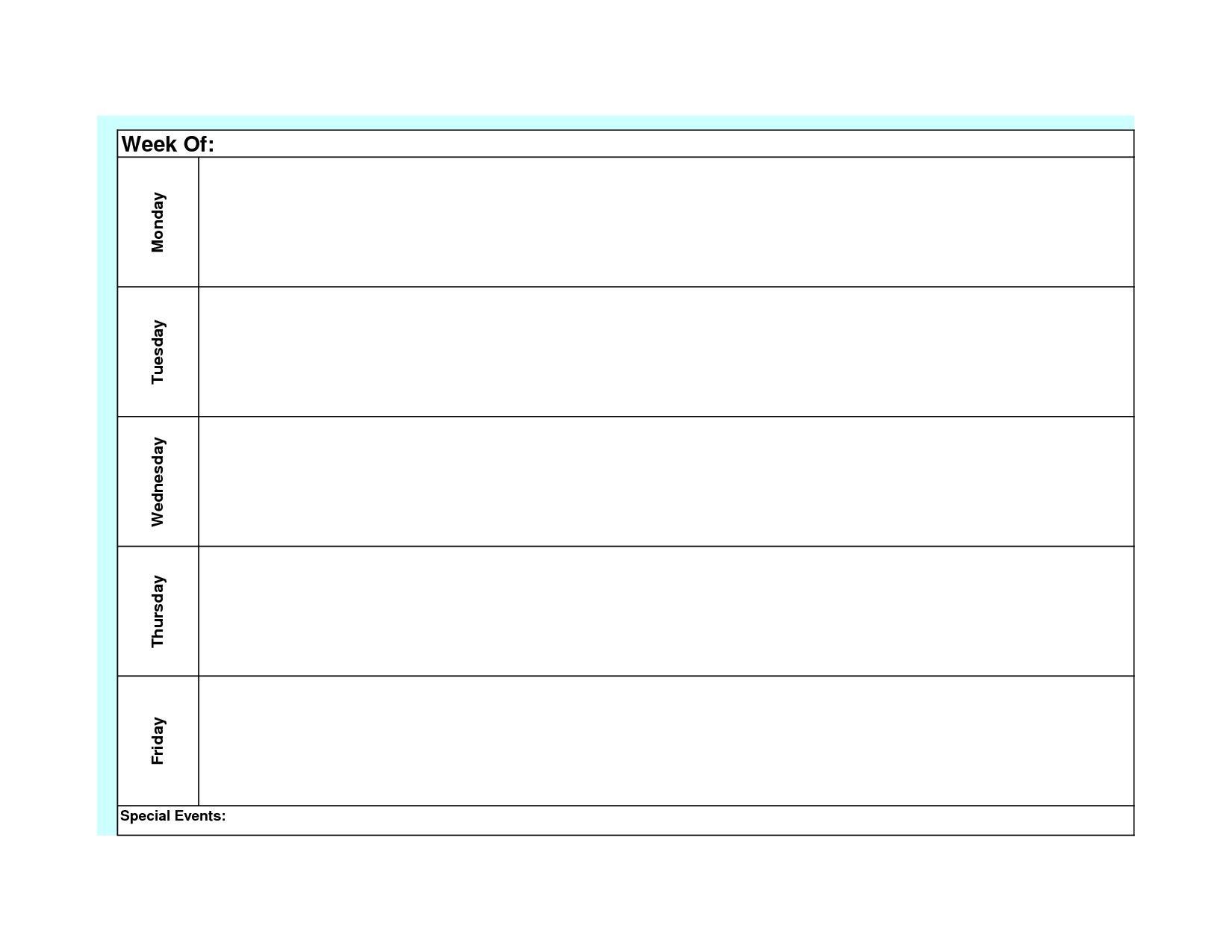 Monday Through Friday Template Calendar Template Printable