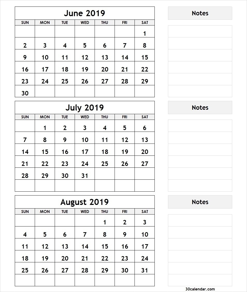 Bravo June July August 3 Month Calendar 2019 Printable-Monthly Calender June July August