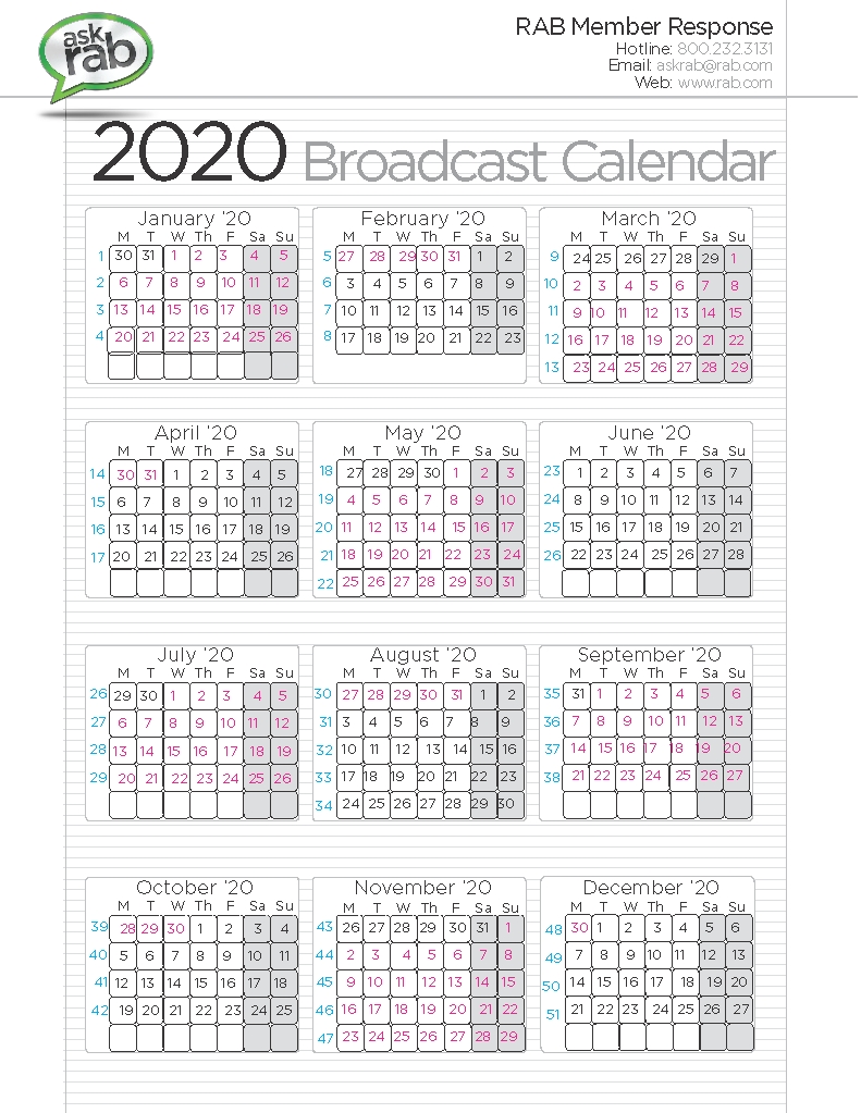 Broadcast Calendars | Rab-January 2020 Style 3 Calendar