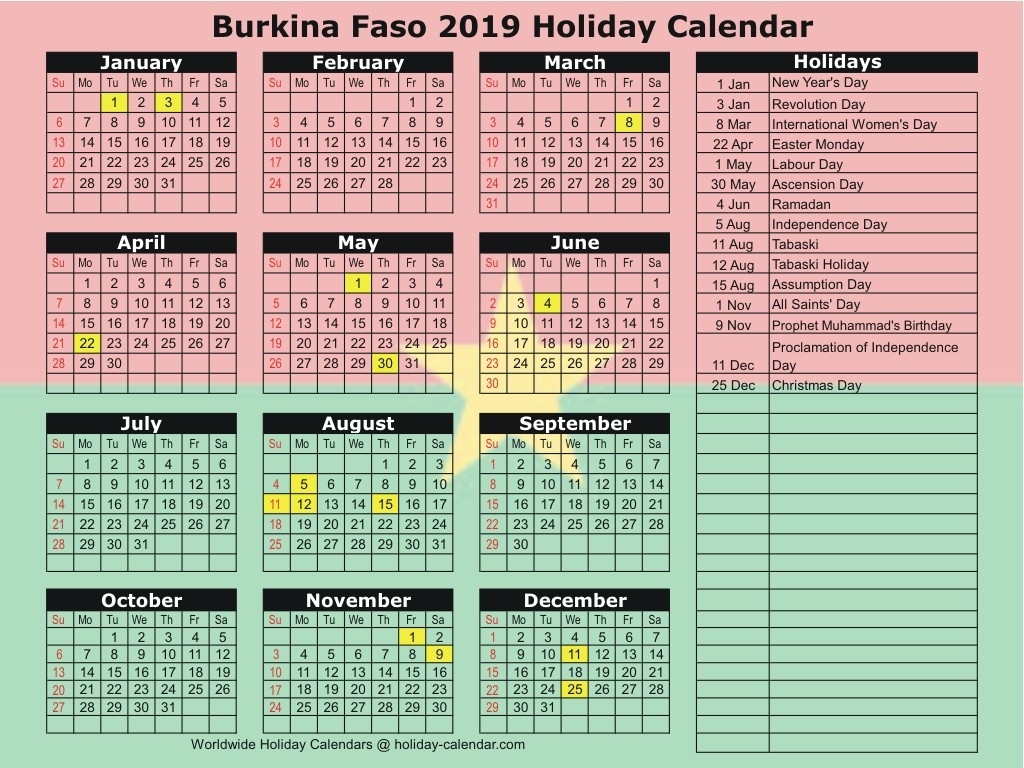 Burkina Faso 2019 / 2020 Holiday Calendar-2020 Calendar Muslim Holidays