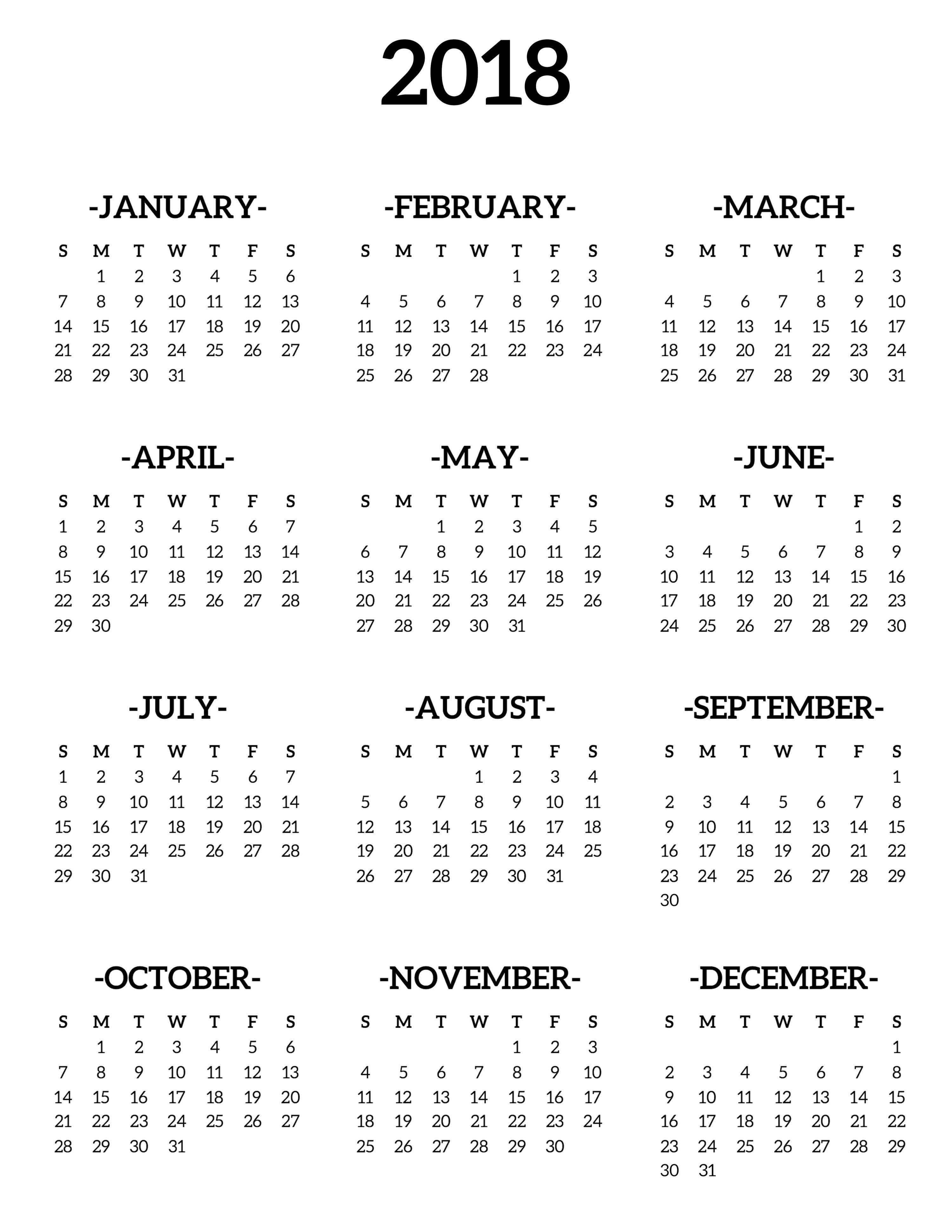 Calendar 2018 Printable One Page | Free Printable Calendar-5X8 Calendar Free Template
