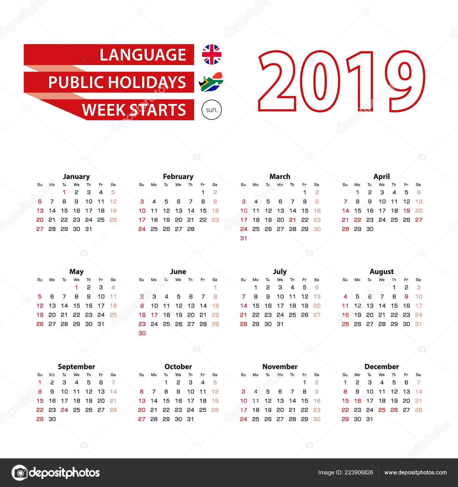 Calendar 2019 English Language Public Holidays Country South-Public Holidays South Africa