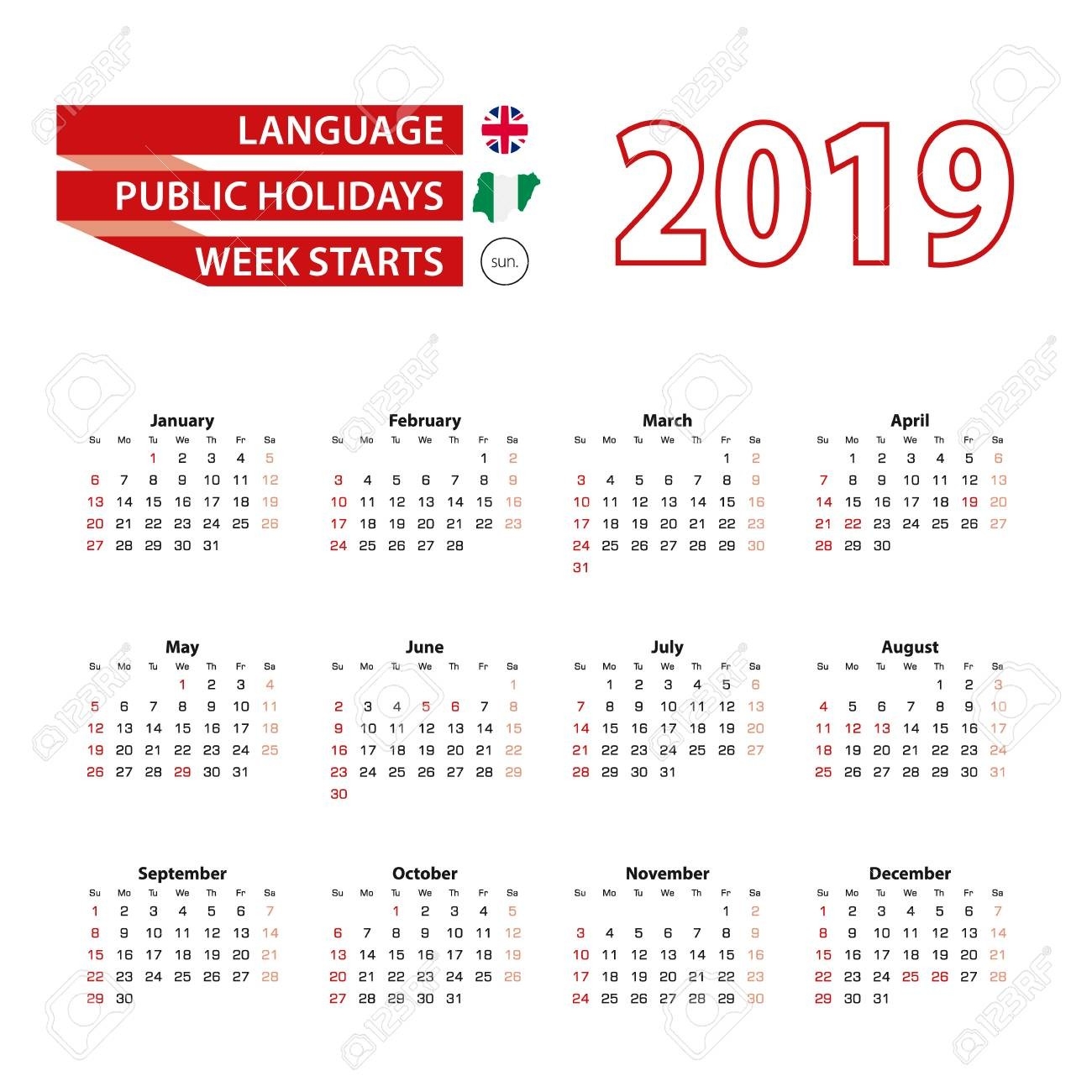 Calendar 2019 In English Language With Public Holidays The Country..-Calendar With Public Holidays