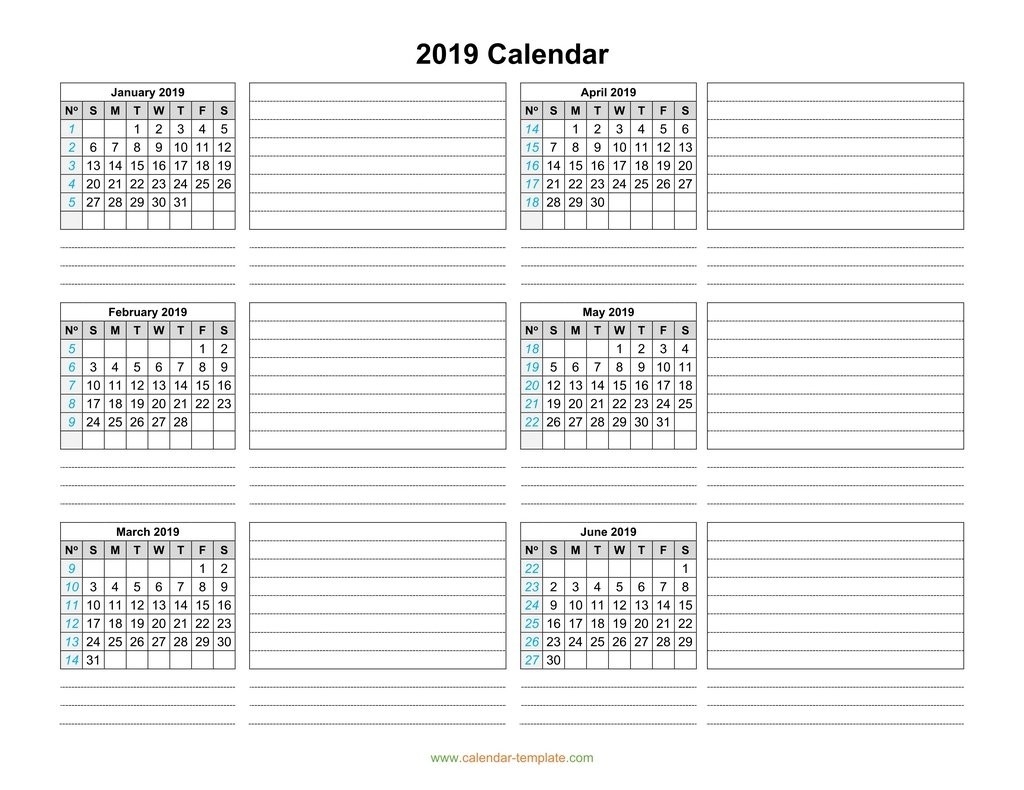 Calendar 2019 Template Six Months Per Page-Calendar Template Six Months Printable Free
