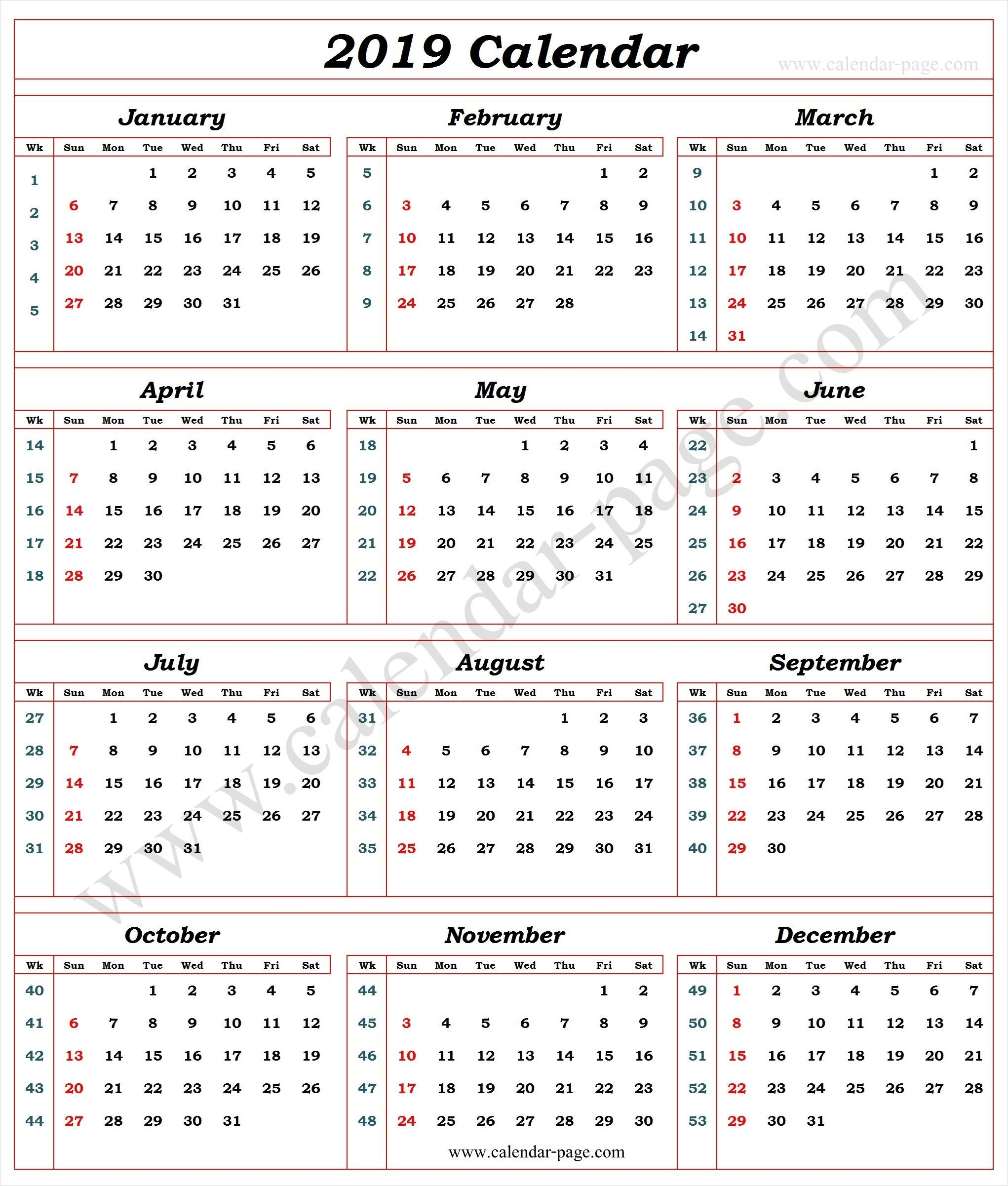 Calendar 2019 With Week Numbers | 2019 Calendar Template-Blank Calendar With Week Numbers